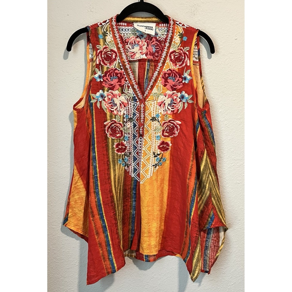 SAVANNA JANE Tunic Top Sz S Embroidered Hippie Boho Multicolor Sleeveless Red